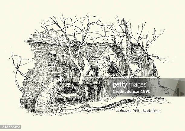 old watermill , south brent, devon, 19th century - watermill stock illustrations