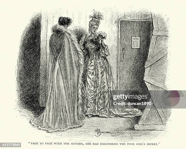 victorian actresses talking backstage - backstage stock illustrations