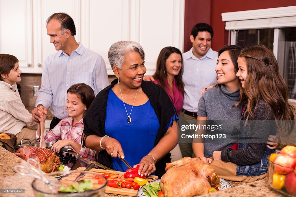 Multi-ethnic family cooks Thanksgiving, Christmas dinner in grandmother's home kitchen.