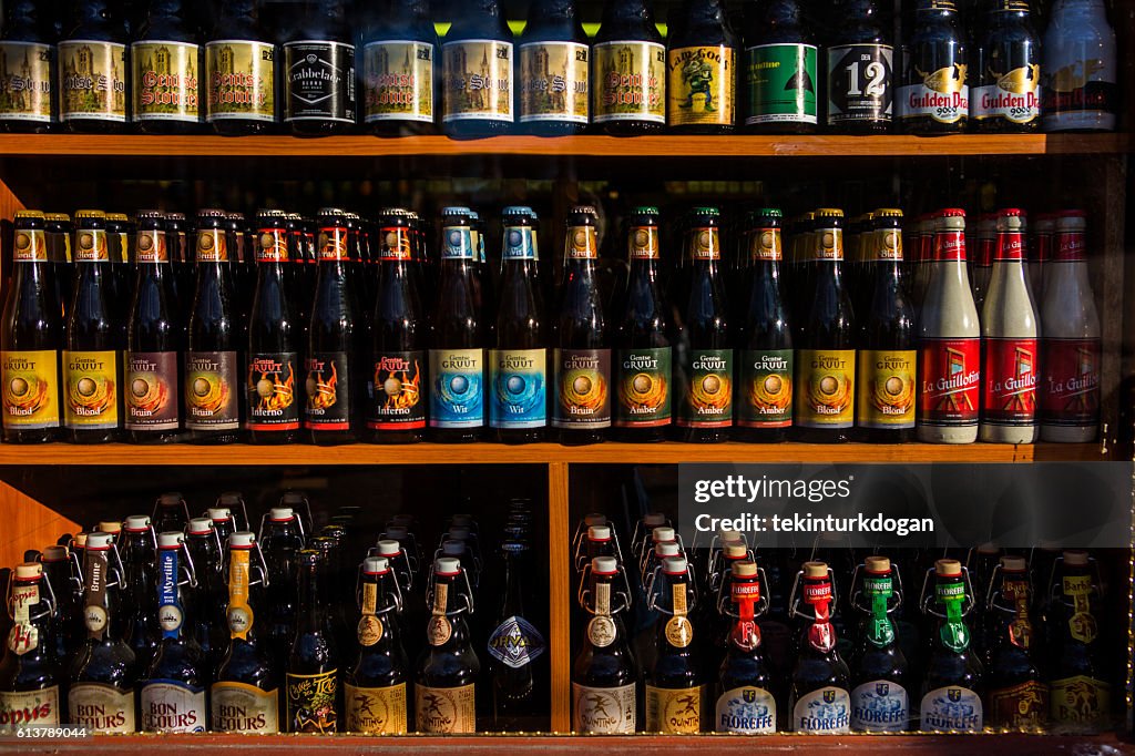 Different variety of belgian beers  on store at ghent belgium