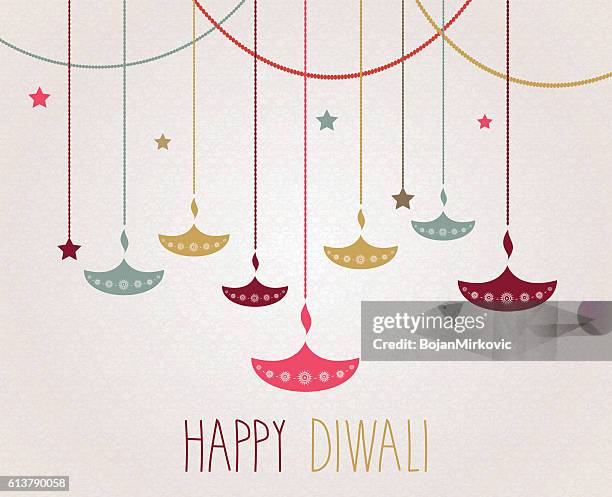 stockillustraties, clipart, cartoons en iconen met diwali. hanging colorful diya. handwritten text - lampion