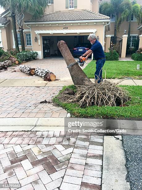 In West Palm Beach, Florida, a man uses a chainsaw to clear a fallen tree off the driveway of his home following Hurricane Matthew, October 7, 2016. .