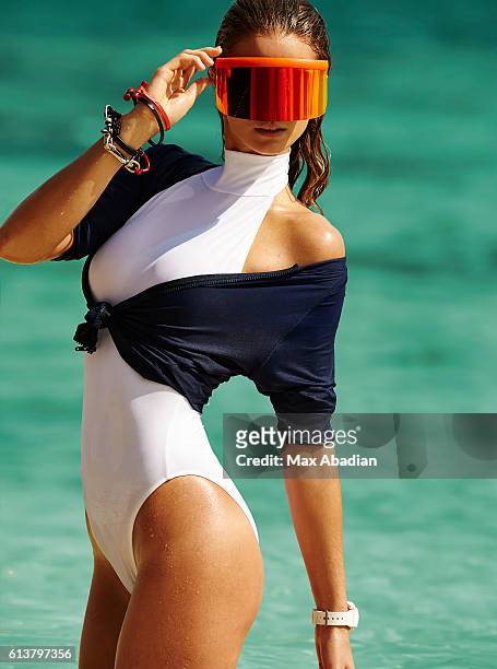 Model Kate Bock is photographed for a sexy scuba fashion editorial Elle Quebec on October 30, 2015 in Tulum, Mexico. Published Image.