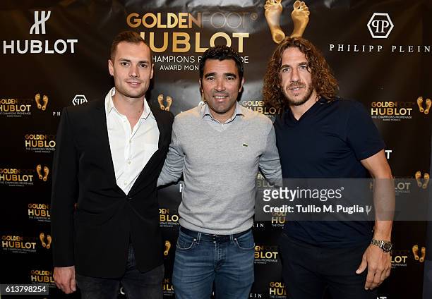 Michele Caliendo, Deco and Carles Puyol pose during the Golden Foot 2016 Award Ceremony day one at Fairmont Hotel on October 10, 2016 in Monaco,...