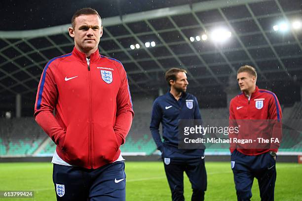Wayne Rooney of England, Interim Manager Gareth Southgate and Jamie Vardy take a tour of the stadium before an England press conference ahead of the...