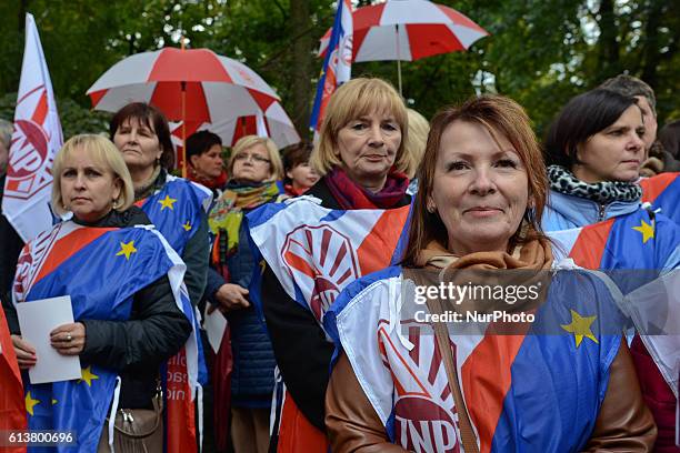 Teachers protest in Krakow, Poland on Monday, 10 October 2016 in front of the Maopolska Province Office. Similar protests take place in several...