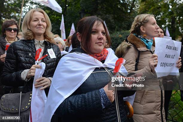 Teachers protest in Krakow, Poland on Monday, 10 October 2016 in front of the Maopolska Province Office. Similar protests take place in several...