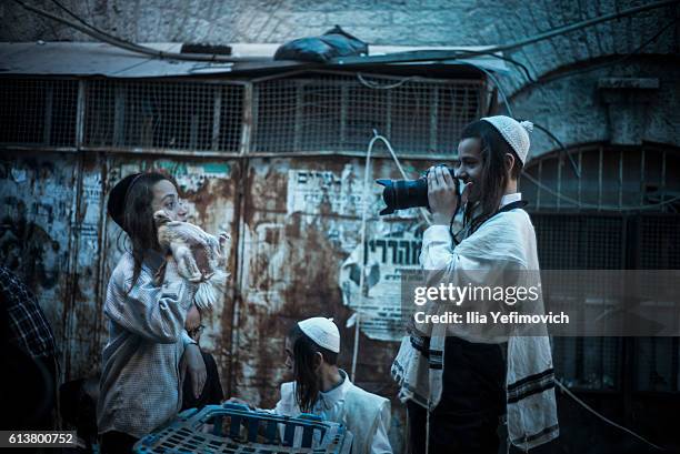 An Ultra-Orthodox Jewish boy plays with a camera as they sell chickens to perform the Kaparot ceremony on October 10, 2016 in Jerusalem, Israel. It...