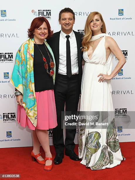 Clare Stewart, Jeremy Renner and Amy Adams attend the 'Arrival' Royal Bank Of Canada Gala screening during the 60th BFI London Film Festival at Odeon...