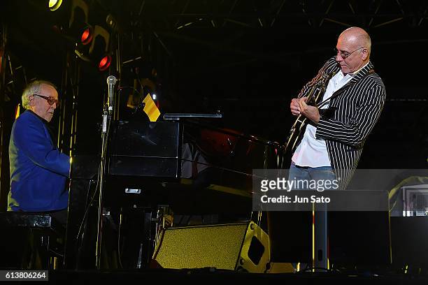 Musicians Bob James and Larry Carlton perform during the Tokyo Seaside Jazz Festival on October 10, 2016 in Tokyo, Japan.