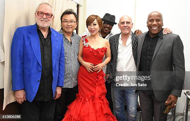 Musicians Bob James, Jack Lee, opera singer Sumi Jo, Harvey Mason, Larry Carlton and Nathan East pose for a photograph at the Tokyo Seaside Jazz...