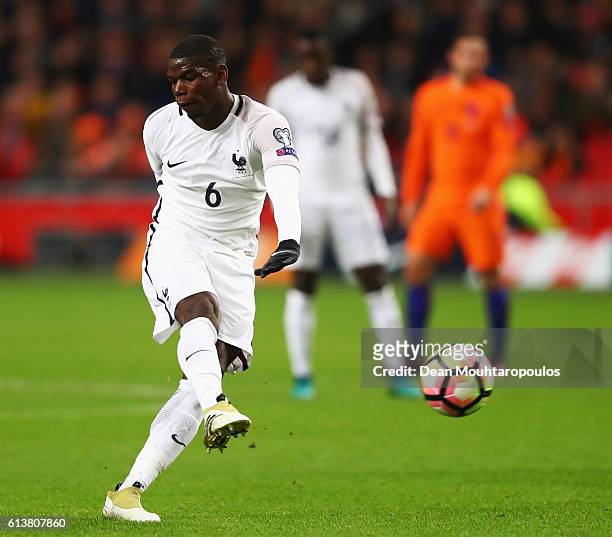 Paul Pogba of France shoots and scores a goal during the FIFA 2018 World Cup Qualifier between Netherlands and France held at Amsterdam Arena on...