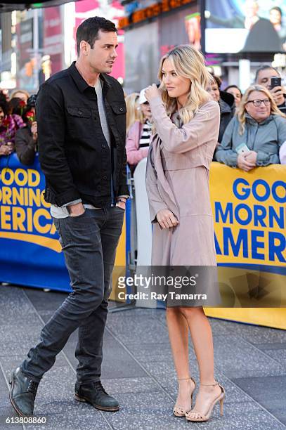 Television personalities Ben Higgins and Lauren Bushnell tape an interview at "Good Morning America" at the ABC Times Square Studios on October 10,...