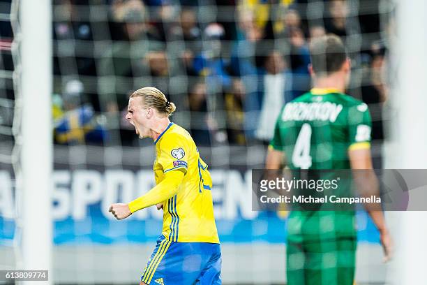 Oscar Hiljemark celebrates scoring the 2-0 goal during the 2018 FIFA World Cup Qualifier match between Sweden and Bulgaria at Friends Arena on...