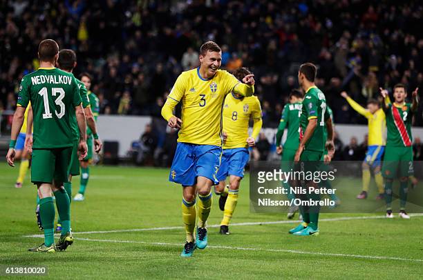 Viktor Nilsson Lindelof of Sweden celebrates after scoring to 3-0 during the FIFA 2018 World Cup Qualifier between Sweden and Bulgaria at Friends...