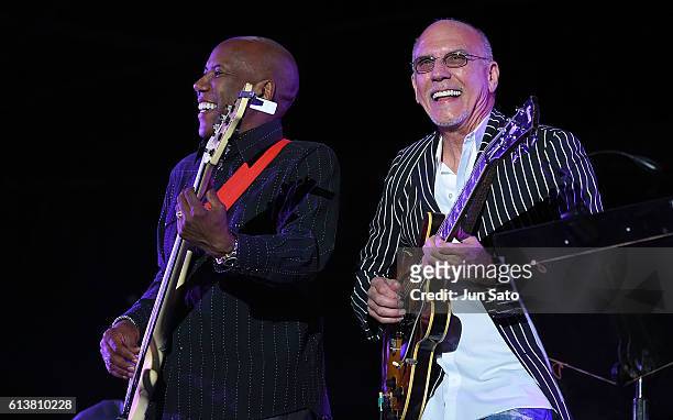 Musicians Larry Carlton and Nathan East perform during the Tokyo Seaside Jazz Festival on October 10, 2016 in Tokyo, Japan.