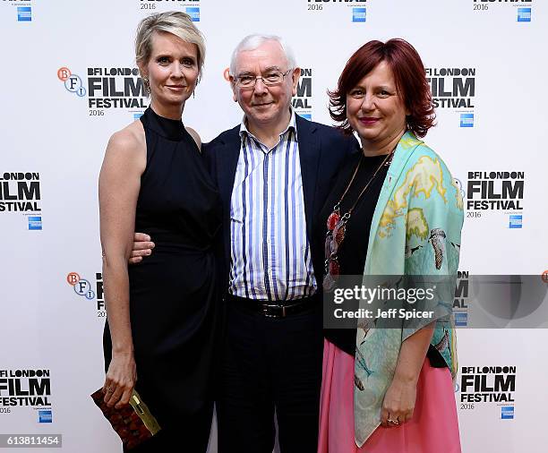 Actress Cynthia Nixon, director Terence Davies and Clare Stewart, Director of the BFI London Film Festival, attend 'A Quiet Passion' official...