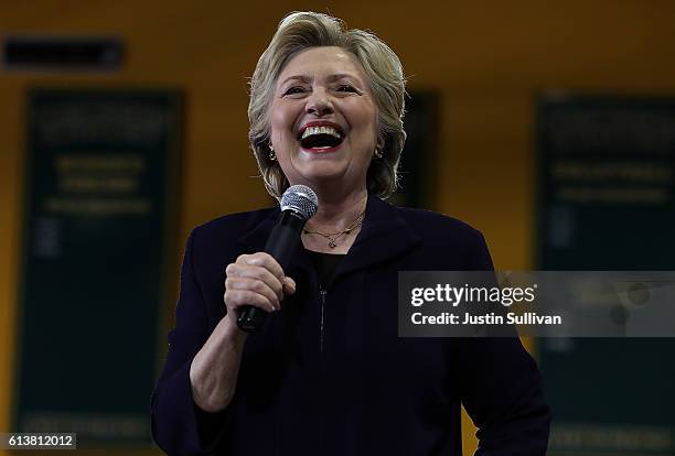 Democratic presidential nominee former Secretary of State Hillary Clinton speaks during a campaign rally at Wayne State University on October 10,...