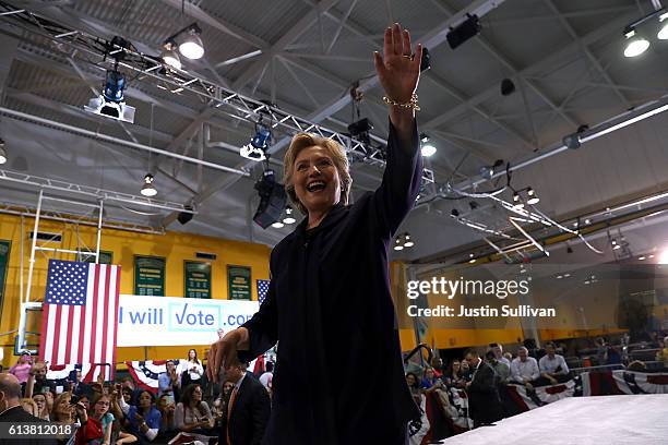 Democratic presidential nominee, former Secretary of State Hillary Clinton greets supporters during a campaign rally at Wayne State University on...