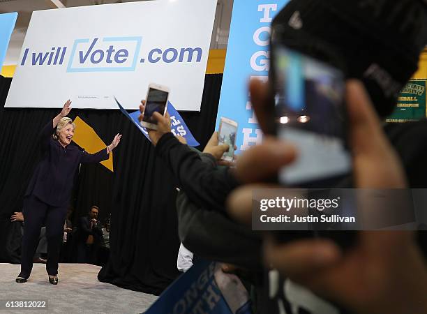 Democratic presidential nominee, former Secretary of State Hillary Clinton greets supporters during a campaign rally at Wayne State University on...