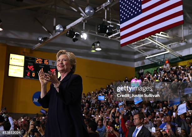 Democratic presidential nominee, former Secretary of State Hillary Clinton greets supporters during a campaign rally at Wayne State University on...