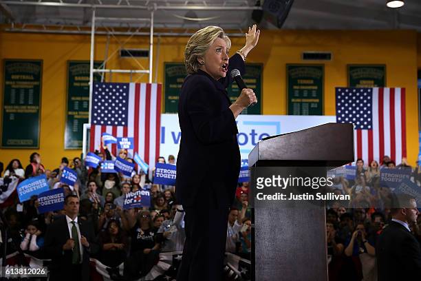 Democratic presidential nominee, former Secretary of State Hillary Clinton speaks during a campaign rally at Wayne State University on October 10,...