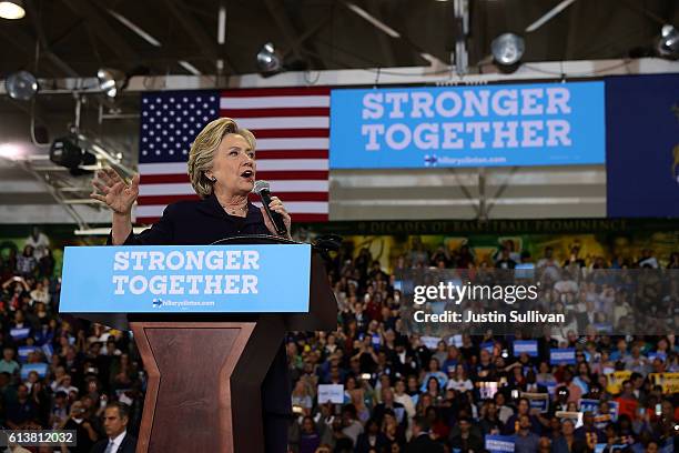 Democratic presidential nominee, former Secretary of State Hillary Clinton speaks during a campaign rally at Wayne State University on October 10,...