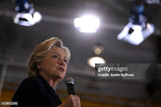 Democratic presidential nominee former Secretary of State Hillary Clinton speaks during a campaign rally at Wayne State University on October 10,...