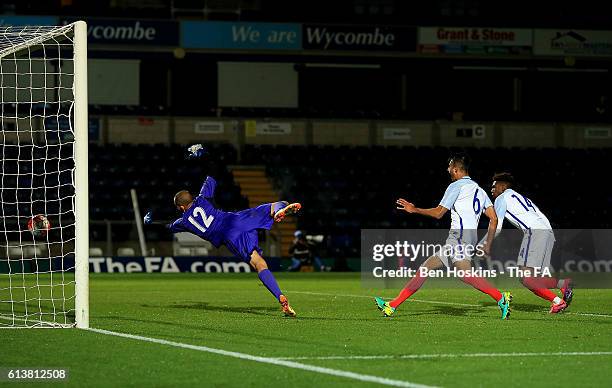 Dujon Sterling of England scores his team's second goal of the game during the U19 International Match between England and Bulgaria at Adams Park on...