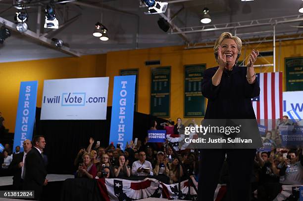 Democratic presidential nominee former Secretary of State Hillary Clinton greets supporters during a campaign rally at Wayne State University on...