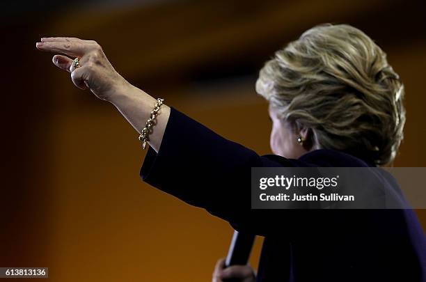 Democratic presidential nominee former Secretary of State Hillary Clinton speaks during a campaign rally at Wayne State University on October 10,...