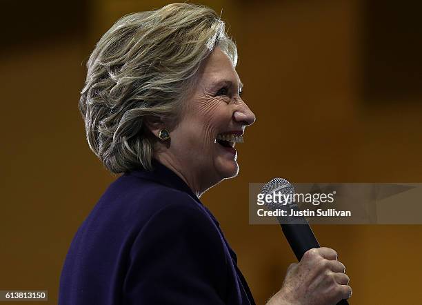 Democratic presidential nominee former Secretary of State Hillary Clinton speaks during a campaign rally at Wayne State University on October 10,...