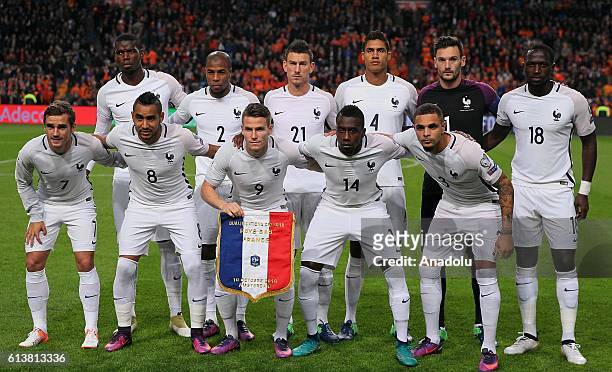 Players of France pose for a photo prior to the FIFA 2018 World Cup Qualifier between The Netherlands and France at Amsterdam Arena on October 10,...
