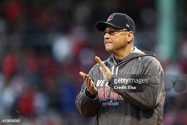 Manager Terry Francona of the Cleveland Indians reacts prior to game three of the American League Divison Series against the Boston Red Sox at Fenway...
