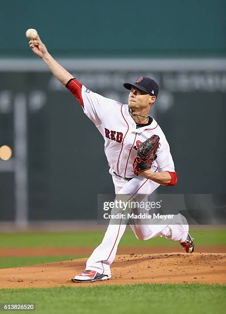 Clay Buchholz of the Boston Red Sox throws a pitch in the first inning against the Cleveland Indians during game three of the American League Divison...