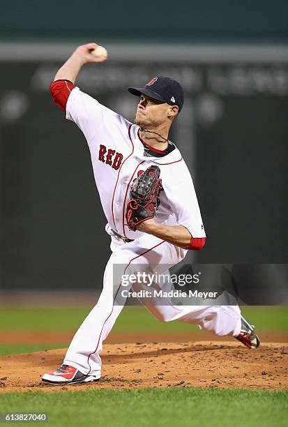 Clay Buchholz of the Boston Red Sox throws a pitch in the first inning against the Cleveland Indians during game three of the American League Divison...