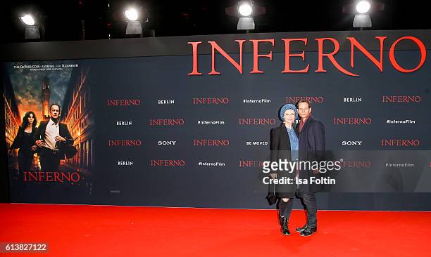 German actor Vinzenz Kiefer and his wife Masha Tokareva attend the German premiere of the film 'INFERNO' at Sony Centre on October 10, 2016 in...