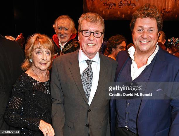 Dame Gillian Lynne, original Phantom Michael Crawford and Michael Ball pose onstage at "The Phantom Of The Opera" 30th anniversary charity gala...