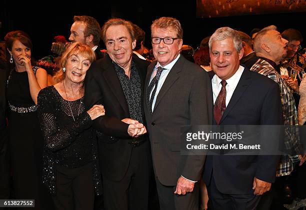 Dame Gillian Lynne, Lord Andrew Lloyd Webber, original Phantom Michael Crawford and Sir Cameron Mackintosh pose onstage at "The Phantom Of The Opera"...