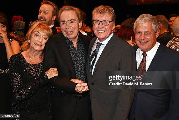 Dame Gillian Lynne, Lord Andrew Lloyd Webber, original Phantom Michael Crawford and Sir Cameron Mackintosh pose onstage at "The Phantom Of The Opera"...