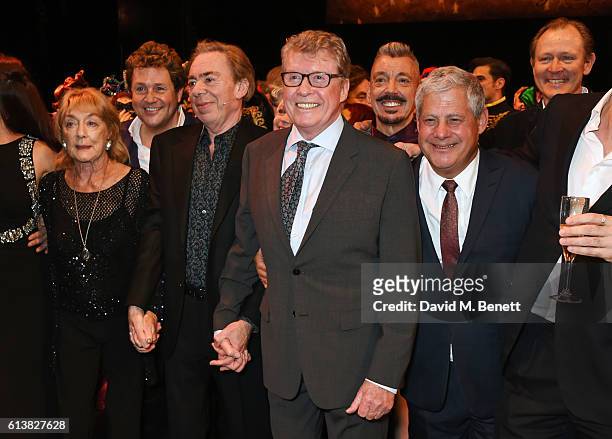 Dame Gillian Lynne, Michael Ball, Lord Andrew Lloyd Webber, original Phantom Michael Crawford and Sir Cameron Mackintosh pose onstage at "The Phantom...