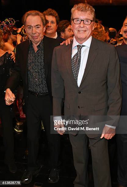 Lord Andrew Lloyd Webber and original Phantom Michael Crawford pose onstage at "The Phantom Of The Opera" 30th anniversary charity gala performance...