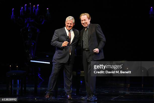 Sir Cameron Mackintosh and Lord Andrew Lloyd Webber speak onstage at "The Phantom Of The Opera" 30th anniversary charity gala performance in aid of...