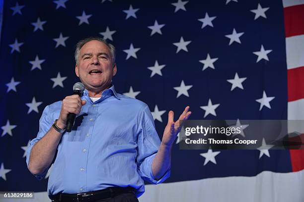 Democratic vice presidential candidate Tim Kaine speaks during a rally with a special performance by Dave Mathews at National Western Complex on...
