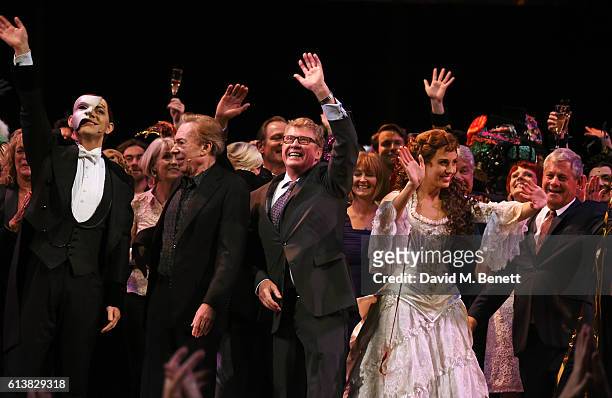 Ben Forster, Lord Andrew Lloyd Webber, Michael Crawford, Celinde Schoenmaker and Sir Cameron Mackintosh bow onstage at "The Phantom Of The Opera"...
