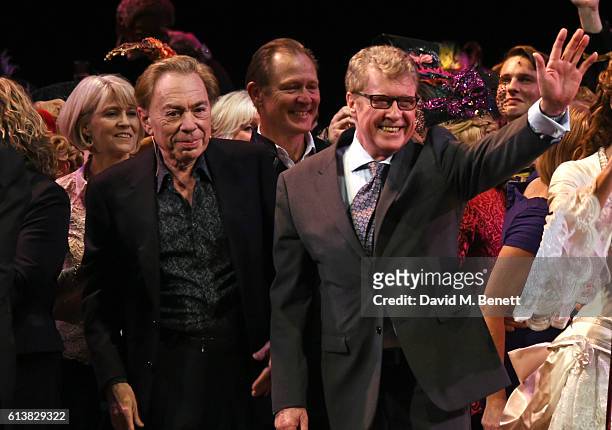 Lord Andrew Lloyd Webber and Michael Crawford bow onstage at "The Phantom Of The Opera" 30th anniversary charity gala performance in aid of The Music...