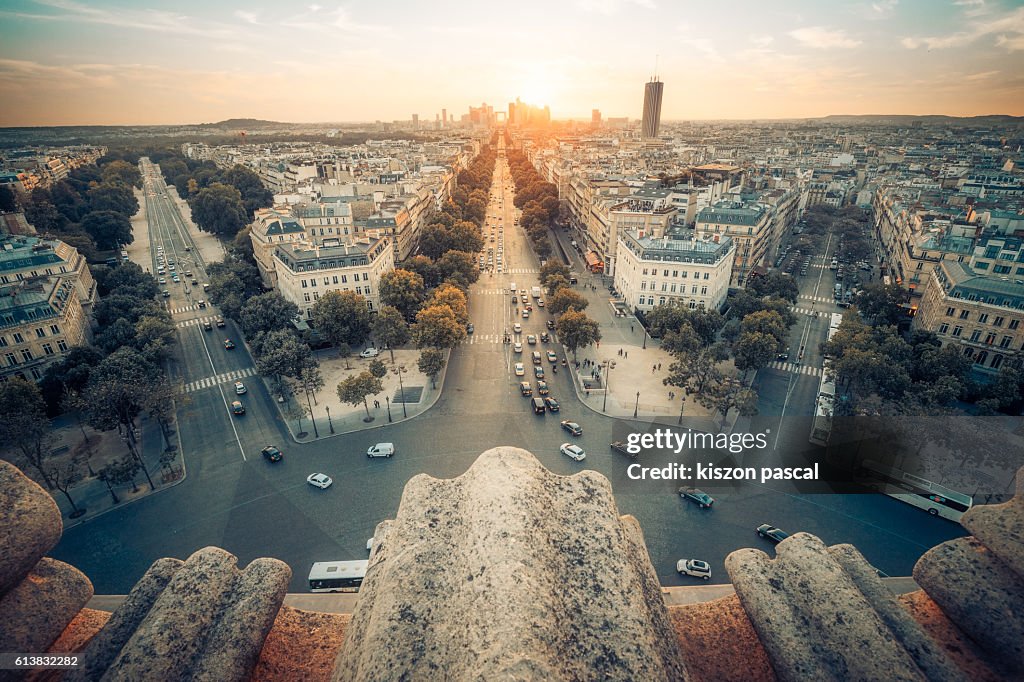 High angle view of Paris with La Defense against the sun light