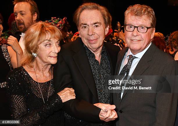 Dame Gillian Lynne, Lord Andrew Lloyd Webber and original Phantom Michael Crawford pose onstage at "The Phantom Of The Opera" 30th anniversary...