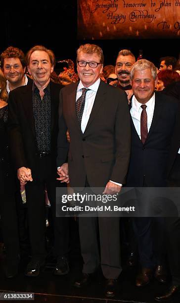 Michael Ball, Lord Andrew Lloyd Webber, Michael Crawford and Sir Cameron Mackintosh bow onstage at "The Phantom Of The Opera" 30th anniversary...