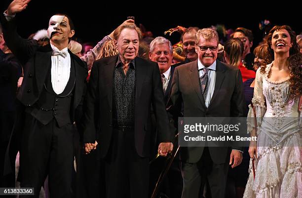 Ben Forster, Lord Andrew Lloyd Webber, Michael Crawford and Celinde Schoenmaker bow onstage at "The Phantom Of The Opera" 30th anniversary charity...
